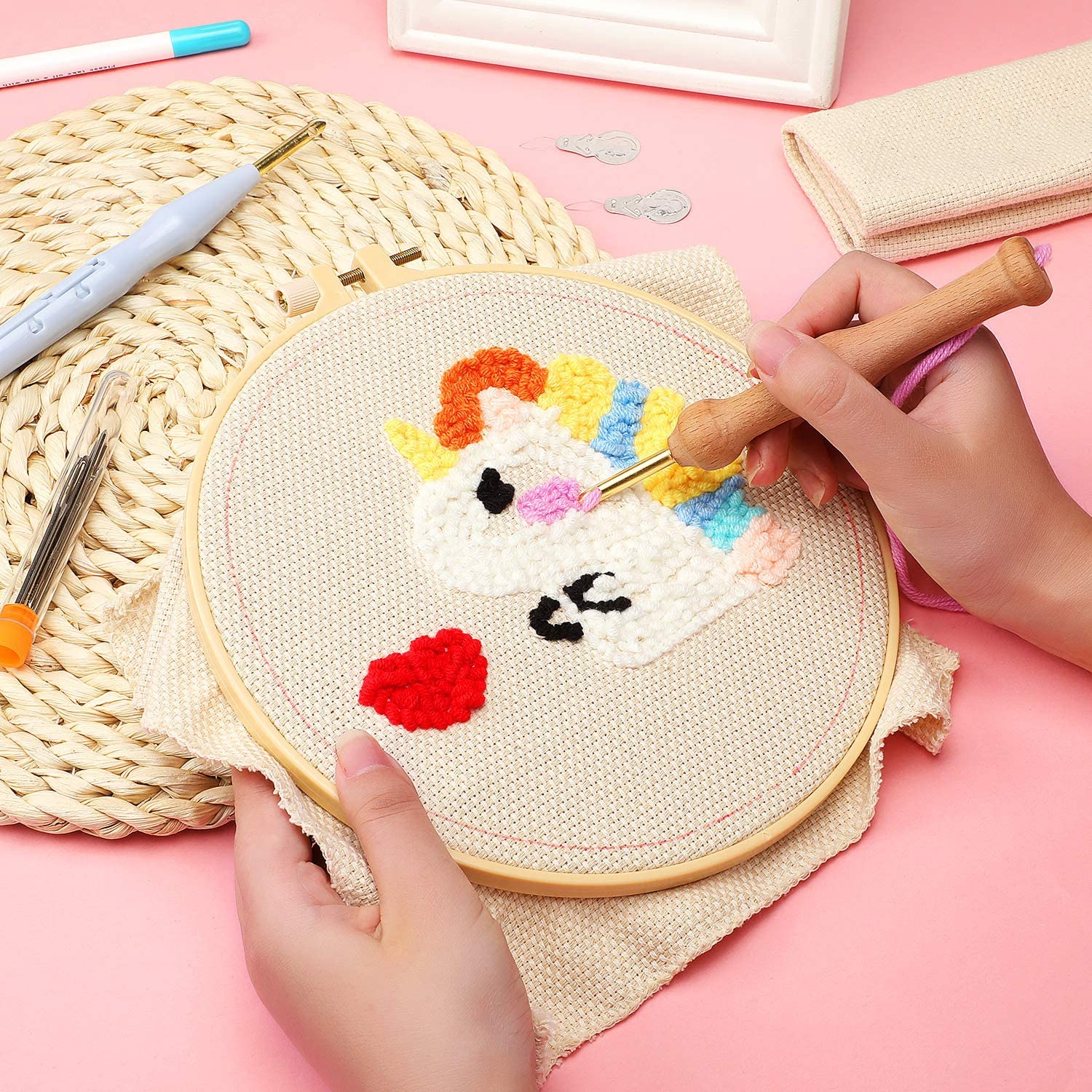 HASTHIP 17 Pieces Fullset Punch Needle Embroidery Starter Kits Rug Punch Needle Tool Threader Fabric Embroidery Hoop Yarn Punch Needle for Beginner HASTHIP 17 Pieces Fullset Punch Needle Embroidery Starter Kits Rug Punch Needle Tool Threader Fabric Embroidery Hoop Yarn Punch Needle for Beginner
